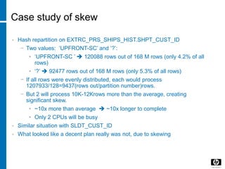 Case study of skew
• Hash repartition on EXTRC_PRS_SHIPS_HIST.SHPT_CUST_ID
− Two values: ‘UPFRONT-SC’ and ‘?’:
• ‘UPFRONT-SC ’  120088 rows out of 168 M rows (only 4.2% of all
rows)
• ‘?’  92477 rows out of 168 M rows (only 5.3% of all rows)
− If all rows were evenly distributed, each would process
1207933/128=9437(rows out/partition number)rows.
− But 2 will process 10K-12Krows more than the average, creating
significant skew.
• ~10x more than average  ~10x longer to complete
• Only 2 CPUs will be busy
• Similar situation with SLDT_CUST_ID
• What looked like a decent plan really was not, due to skewing
 