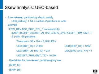 Skew analysis: UEC-based
• A non-skewed partition key should satisfy
− UEC(part-key) > 50 x number of partitions in table
• Example
EDW_DEV.ACQ_SHIP_DTL_F is clustered by
(SHIP_ID,SHIP_DT,SHIP_LN_ITM_ID,SRC_SYS_KY,EFF_FRM_GMT_T
S ) with 128 partitions
Threshold = 50 x 128 = 5,120 UECs
UEC(SHIP_ID) = 91303 UEC(SHIP_DT) = 1292
UEC(SHIP_LN_ITM_ID) = 247 UEC(SRC_SYS_KY) = 1
UEC(EFF_FRM_GMT_TS) = 18,244
Candidates for non-skewed partitioning key are:
(SHIP_ID)
(SHIP_DT)
 