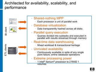 • Shared-nothing MPP
− Each processor a unit of parallel work
• Database virtualization
− Data transparently hashed across all disks
• Parallel query execution
− Queries divided into subtasks and executed in
parallel with results streamed through memory
• Real-time data warehousing
− Mixed workload & transactional heritage
• Unrivaled availability
− Continuously available in spite of any single
point failure; online database operations
• Extreme processing power
− 1 Intel® Itanium® processor to 2 RAID 1
volumes
Architected for availability, scalability, and
performance
BIclientETLclients
 