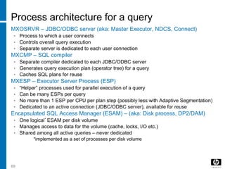 69
Process architecture for a query
MXOSRVR – JDBC/ODBC server (aka: Master Executor, NDCS, Connect)
• Process to which a user connects
• Controls overall query execution
• Separate server is dedicated to each user connection
MXCMP – SQL compiler
• Separate compiler dedicated to each JDBC/ODBC server
• Generates query execution plan (operator tree) for a query
• Caches SQL plans for reuse
MXESP – Executor Server Process (ESP)
• “Helper” processes used for parallel execution of a query
• Can be many ESPs per query
• No more than 1 ESP per CPU per plan step (possibly less with Adaptive Segmentation)
• Dedicated to an active connection (JDBC/ODBC server), available for reuse
Encapsulated SQL Access Manager (ESAM) – (aka: Disk process, DP2/DAM)
• One logical* ESAM per disk volume
• Manages access to data for the volume (cache, locks, I/O etc.)
• Shared among all active queries – never dedicated
*implemented as a set of processes per disk volume
 