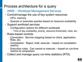Process architecture for a query
• WMS – Workload Management Services
• Control/manage the use of key system resources
– CPU, memory
– Queues or executes queries based on resource availability
• Support workload services
– Configuration options for different workloads
• Time of day availability, priority, resource thresholds, rules, etc.
• Rules-based controls
– Connection: Service mapping based on client, application,
Role, etc.
– Compilation: Reject, hold, execute – based on compilation
metrics
– Execution rules: Can cancel or execute – based on run-time
metrics & comparison
• Collect and manage query run-time statistics (RTS)
 