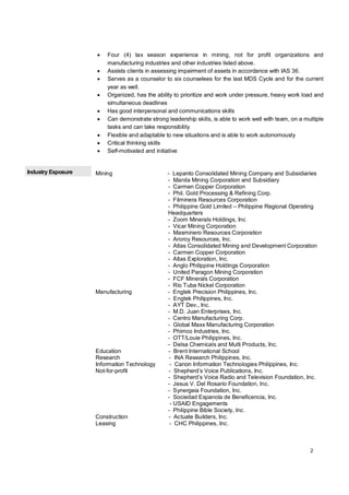 2
· Four (4) tax season experience in mining, not for profit organizations and
manufacturing industries and other industries listed above.
· Assists clients in assessing impairment of assets in accordance with IAS 36.
· Serves as a counselor to six counselees for the last MDS Cycle and for the current
year as well.
· Organized, has the ability to prioritize and work under pressure, heavy work load and
simultaneous deadlines
· Has good interpersonal and communications skills
· Can demonstrate strong leadership skills, is able to work well with team, on a multiple
tasks and can take responsibility
· Flexible and adaptable to new situations and is able to work autonomously
· Critical thinking skills
· Self-motivated and initiative
Industry Exposure Mining - Lepanto Consolidated Mining Company and Subsidiaries
- Manila Mining Corporation and Subsidiary
- Carmen Copper Corporation
- Phil. Gold Processing & Refining Corp.
- Filminera Resources Corporation
- Philippine Gold Limited – Philippine Regional Operating
Headquarters
- Zoom Minerals Holdings, Inc
- Vicar Mining Corporation
- Masminero Resources Corporation
- Aroroy Resources, Inc.
- Atlas Consolidated Mining and Development Corporation
- Carmen Copper Corporation
- Atlas Exploration, Inc.
- Anglo Philippine Holdings Corporation
- United Paragon Mining Corporation
- FCF Minerals Corporation
- Rio Tuba Nickel Corporation
Manufacturing - Engtek Precision Philippines, Inc.
- Engtek Philippines, Inc.
- AYT Dev., Inc.
- M.D. Juan Enterprises, Inc.
- Centro Manufacturing Corp.
- Global Maxx Manufacturing Corporation
- Phimco Industries, Inc.
- OTT/Louie Philippines, Inc.
- Delsa Chemicals and Multi Products, Inc.
Education - Brent International School
Research - INA Research Philippines, Inc.
Information Technology - Canon Information Technologies Philippines, Inc.
Not-for-profit - Shepherd’s Voice Publications, Inc.
- Shepherd’s Voice Radio and Television Foundation, Inc.
- Jesus V. Del Rosario Foundation, Inc.
- Synergeia Foundation, Inc.
- Sociedad Espanola de Beneficencia, Inc.
- USAID Engagements
- Philippine Bible Society, Inc.
Construction - Actuate Builders, Inc.
Leasing - CHC Philippines, Inc.
 