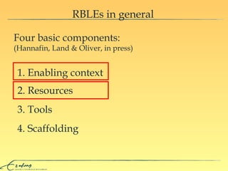RBLEs in general Four basic components:  (Hannafin, Land & Oliver, in press) 1. Enabling context 2. Resources 3. Tools 4. Scaffolding 