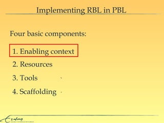 Implementing RBL in PBL Four basic components:  1. Enabling context 2. Resources 3. Tools 4. Scaffolding } 
