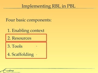 Implementing RBL in PBL Four basic components:  1. Enabling context 2. Resources 3. Tools 4. Scaffolding } 