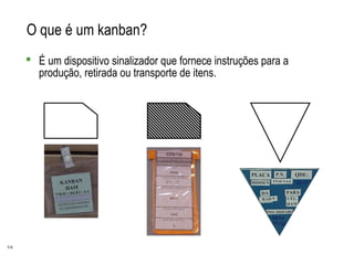 14
O que é um kanban?
 É um dispositivo sinalizador que fornece instruções para a
produção, retirada ou transporte de itens.
 