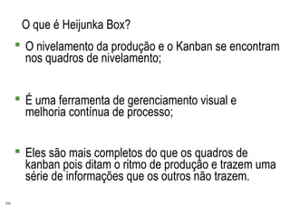 29
O que é Heijunka Box?
 O nivelamento da produção e o Kanban se encontram
nos quadros de nivelamento;
 É uma ferramenta de gerenciamento visual e
melhoria contínua de processo;
 Eles são mais completos do que os quadros de
kanban pois ditam o ritmo de produção e trazem uma
série de informações que os outros não trazem.
 