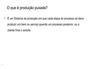 3
O que é produção puxada?
 É um Sistema de produção em que cada etapa do processo só deve
produzir um bem ou serviço quando um processo posterior, ou o
cliente final o solicite.
 
