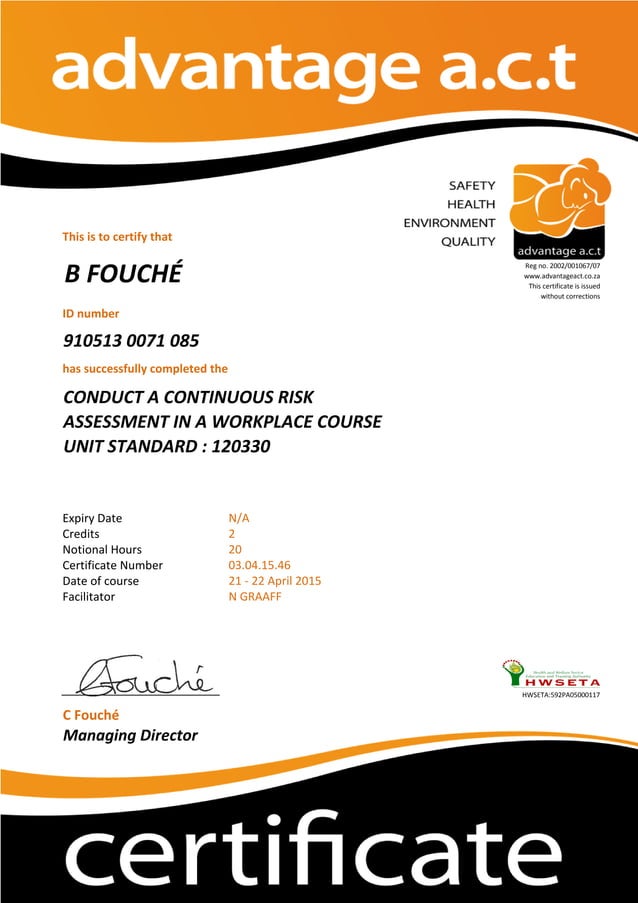 CONDUCT A CONTINUOUS RISK ASSESSMENT IN A WORKPLACE COURSE UNIT STANDAR ...
