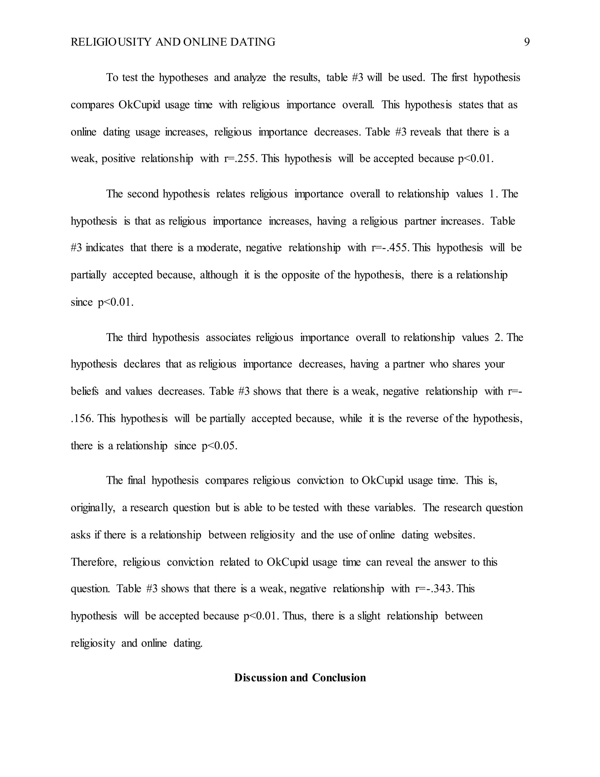 RELIGIOUSITY AND ONLINE DATING 9
To test the hypotheses and analyze the results, table #3 will be used. The first hypothesis
compares OkCupid usage time with religious importance overall. This hypothesis states that as
online dating usage increases, religious importance decreases. Table #3 reveals that there is a
weak, positive relationship with r=.255. This hypothesis will be accepted because p<0.01.
The second hypothesis relates religious importance overall to relationship values 1. The
hypothesis is that as religious importance increases, having a religious partner increases. Table
#3 indicates that there is a moderate, negative relationship with r=-.455. This hypothesis will be
partially accepted because, although it is the opposite of the hypothesis, there is a relationship
since p<0.01.
The third hypothesis associates religious importance overall to relationship values 2. The
hypothesis declares that as religious importance decreases, having a partner who shares your
beliefs and values decreases. Table #3 shows that there is a weak, negative relationship with r=-
.156. This hypothesis will be partially accepted because, while it is the reverse of the hypothesis,
there is a relationship since p<0.05.
The final hypothesis compares religious conviction to OkCupid usage time. This is,
originally, a research question but is able to be tested with these variables. The research question
asks if there is a relationship between religiosity and the use of online dating websites.
Therefore, religious conviction related to OkCupid usage time can reveal the answer to this
question. Table #3 shows that there is a weak, negative relationship with r=-.343. This
hypothesis will be accepted because p<0.01. Thus, there is a slight relationship between
religiosity and online dating.
Discussion and Conclusion
 