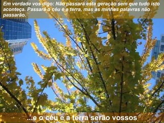 Em verdade vos digo: Não passará esta geração sem que tudo isto aconteça. Passará o céu e a terra, mas as minhas palavras não passarão. ...e o céu e a terra serão vossos 