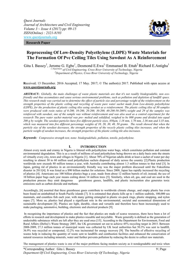 Reprocessing Of Low-Density Polyethylene (LDPE) Waste Materials for The ...