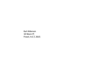 Karl Alderson
10 Wynn Pl
Fraser, A.C.T, 2615
 
