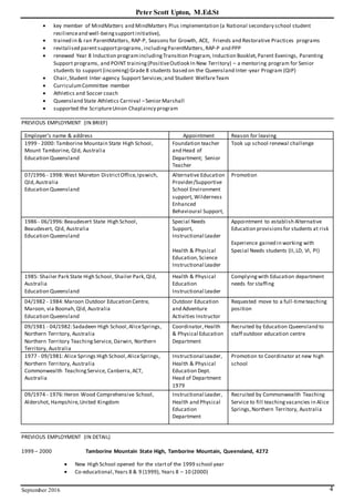 Peter Scott Upton, M.Ed.St
September 2016 4
 key member of MindMatters and MindMatters Plus implementation (a National secondary school student
resilienceand well-beingsupportinitiative),
 trained in & ran ParentMatters, RAP-P, Seasons for Growth, ACE, Friends and Restorative Practices programs
 revitalised parentsupportprograms,includingParentMatters, RAP-P and PPP
 renewed Year 8 Induction programincludingTransition Program, Induction Booklet, Parent Evenings, Parenting
Support programs, and POINT training(PositiveOutlook In New Territory) – a mentoring program for Senior
students to support (incoming) Grade 8 students based on the Queensland Inter-year Program (QIP)
 Chair,Student Inter-agency Support Services;and Student WelfareTeam
 CurriculumCommittee member
 Athletics and Soccer coach
 Queensland State Athletics Carnival –Senior Marshall
 supported the ScriptureUnion Chaplaincy program
PREVIOUS EMPLOYMENT (IN BRIEF)
Employer’s name & address Appointment Reason for leaving
1999 - 2000: Tamborine Mountain State High School,
Mount Tamborine, Qld, Australia
Education Queensland
Foundation teacher
and Head of
Department; Senior
Teacher
Took up school renewal challenge
07/1996 - 1998:West Moreton DistrictOffice,Ipswich,
Qld,Australia
Education Queensland
Alternative Education
Provider/Supportive
School Environment
support, Wilderness
Enhanced
Behavioural Support,
Promotion
1986 - 06/1996:Beaudesert State High School,
Beaudesert, Qld, Australia
Education Queensland
Special Needs
Support,
Instructional Leader
Health & Physical
Education,Science
Instructional Leader
Appointment to establish Alternative
Education provisionsfor students at risk
Experience gained in working with
Special Needs students (II,LD, VI, PI)
1985: Shailer Park State High School, Shailer Park,Qld,
Australia
Education Queensland
Health & Physical
Education
Instructional Leader
Complyingwith Education department
needs for staffing
04/1982 - 1984:Maroon Outdoor Education Centre,
Maroon, via Boonah,Qld, Australia
Education Queensland
Outdoor Education
and Adventure
Activities Instructor
Requested move to a full-timeteaching
position
09/1981 - 04/1982:Sadadeen High School,AliceSprings,
Northern Territory, Australia
Northern Territory TeachingService, Darwin, Northern
Territory, Australia
Coordinator,Health
& Physical Education
Department
Recruited by Education Queensland to
staff outdoor education centre
1977 - 09/1981:Alice Springs High School,AliceSprings,
Northern Territory, Australia
Commonwealth TeachingService, Canberra,ACT,
Australia
Instructional Leader,
Health & Physical
Education Dept.
Head of Department
1979
Promotion to Coordinator at new high
school
09/1974 - 1976:Heron Wood Comprehensive School,
Aldershot, Hampshire,United Kingdom
Instructional Leader,
Health and Physical
Education
Department
Recruited by Commonwealth Teaching
Service to fill teachingvacancies in Alice
Springs,Northern Territory, Australia
PREVIOUS EMPLOYMENT (IN DETAIL)
1999 – 2000 Tamborine Mountain State High, Tamborine Mountain, Queensland, 4272
 New High School opened for the startof the 1999 school year
 Co-educational,Years 8 & 9 (1999), Years 8 – 10 (2000)
 