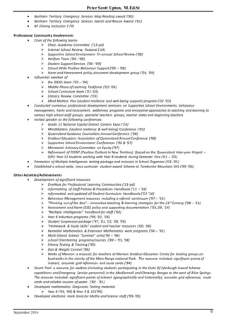 Peter Scott Upton, M.Ed.St
September 2016 9
 Northern Territory Emergency Services Map Reading award (’80)
 Northern Territory Emergency Services Search and Rescue Award (’81)
 NT Driving Instructor ('79)
Professional Community Involvement:
 Chair of the following teams:
 Chair, Academic Committee (’13-pd)
 Internal School Review, Pastoral (‘14)
 Supportive School Environment Tri-annual School Review (‘08)
 Welfare Team (‘06 –‘08)
 Student Support Services (‘06 –‘09)
 School-Wide Positive Behaviour Support (‘06 – ‘08)
 Harm and Harassment policy document development group (’04, ‘09)
 Influential member of
 the IDEAS team (‘03 – ‘04)
 Middle Phase of Learning Taskforce (‘02-‘04)
 School Curriculum team (‘01-‘05)
 Literacy Review Committee (‘03)
 Mind Matters Plus (student resilience and well-being support) program (‘02-‘05)
 Conducted numerous professional development seminars on Supportive School Environments, behaviour
management, harm and harassment, wilderness programs and innovative approaches to teaching and learning to
various high school staff groups, specialist teachers groups, teacher aides and beginning teachers
 Invited speaker at the following conferences:
 Grade 12 National Capital District Careers Expo ('16)
 MindMatters (student resilience & well-being) Conference (‘05)
 Queensland Guidance Counsellors Annual Conference (‘98)
 Outdoor Educators Association of Queensland Annual Conference (‘98)
 Supportive School Environment Conferences (‘96 & ‘97)
 Ministerial Advisory Committee on Equity (‘97)
 Refinement of POINT (Positive Outlook In New Territory) (based on the Queensland Inter-year Project –
QIP): Year 11 students working with Year 8 students during Semester One (’01 – ’05)
 Promotion of Multiple Intelligences testing package and inclusion in School Organiser (‘03-‘05)
 Established a school-wide, cross-curricular student award Scheme at Tamborine Mountain SHS (‘99-‘00).
Other Activities/Achievements
 Development of significant resources
 OneNote for Professional Learning Communities (’13-pd)
 reformatting of Staff Policies & Procedures Handbook (’15 – ’16)
 reformatted and updated all Student Curriculum Handbooks (’13-’16)
 Behaviour Management resources including a referral continuum (‘97 – ‘16)
 “Thinking out of the Box” – innovative teaching & learning strategies for the 21st Century (’98 – ‘16)
 Harassment and Harm (SSE) policy and supporting documentation (’03, 09, '14)
 “Multiple Intelligences” handbook for staff (‘04)
 Year 8 Induction programs (‘99, ‘01, ‘04)
 Student Suspension package (‘97, ‘01, ’02, ’08, ‘09)
 “Homework & Study Skills” student and teacher resources (‘00; ‘06)
 Remedial Mathematics & Extension Mathematics work programs (‘94 – ‘95)
 Multi-Strand Science “Survival” units(‘90 – ‘96)
 school Orienteering programs/courses (‘89 – ‘95, ‘98)
 Fitness Testing & Training (‘90)
 Diet & Weight Control (‘88)
 Walks of Maroon: a resource for teachers at Maroon Outdoor Education Centre for leading groups on
bushwalks in the vicinity of the Main Range national Park. The resource included: significant points of
interest, accurate grid references and route cards (’84)
 Stuart Trail: a resource for walkers (including students participating in the Duke Of Edinburgh Award Scheme
expeditions and Emergency Service personnel) in the MacDonnell and Chewings Ranges to the west of Alice Springs.
The resource included: significant points of interest (geographically and historically), accurate grid references, route
cards and reliable sources of water. (’80 - ’81)
 Developed mathematics Diagnostic Testing materials
 Year 8 (‘94, ‘99) & Year 9 & 10 (‘99).
 Developed electronic mark book for Maths and Science staff (‘99-‘00)
 