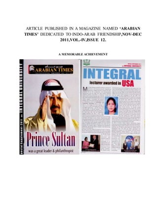 ARTICLE PUBLISHED IN A MAGAZINE NAMED ‘ARABIAN
TIMES’ DEDICATED TO INDO-ARAB FRIENDSHIP,NOV-DEC
2011,VOL.-IV,ISSUE 12.
A MEMORABLE ACHIEVEMENT
 