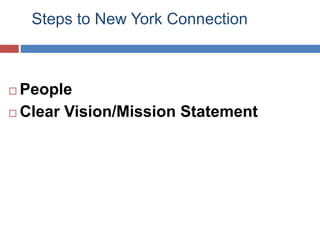 Steps to New York Connection
 People
 Clear Vision/Mission Statement
 