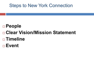 Steps to New York Connection
 People
 Clear Vision/Mission Statement
 Timeline
 Event
 