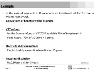 Package Scheme Of Incentives 2013-2018
( An Overview )Page 15 SKD Consultants Pvt. Ltd.
 In the case of new unit in D zone with an investment of Rs.10 crore in
MICRO AND SMALL.
Calculations of benefits will be as under
 VAT refund:
for the D zone refund of VAT/CST available 70% of investment in
Fixed Assets. 70% of 10 Crore = 7 crore.
 Electricity duty exemption:
Electricity duty exemption benefits for 15 years.
 Power tariff subsidy.
Rs.0.50 per unit for 3 years. continued
 
