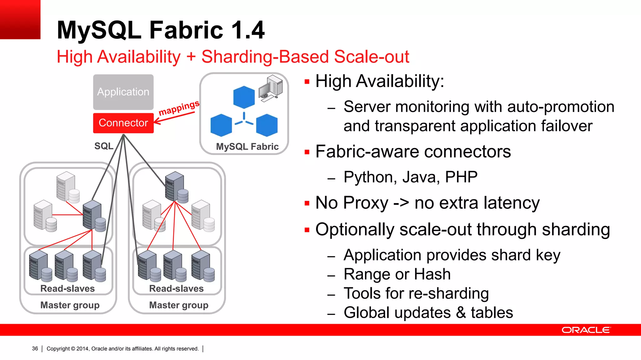 Copyright © 2014, Oracle and/or its affiliates. All rights reserved.36
MySQL Fabric 1.4
 High Availability:
– Server monitoring with auto-promotion
and transparent application failover
 Fabric-aware connectors
– Python, Java, PHP
 No Proxy -> no extra latency
 Optionally scale-out through sharding
– Application provides shard key
– Range or Hash
– Tools for re-sharding
– Global updates & tables
High Availability + Sharding-Based Scale-out
MySQL Fabric
Connector
Application
Read-slaves
SQL
Master group
Read-slaves
Master group
 