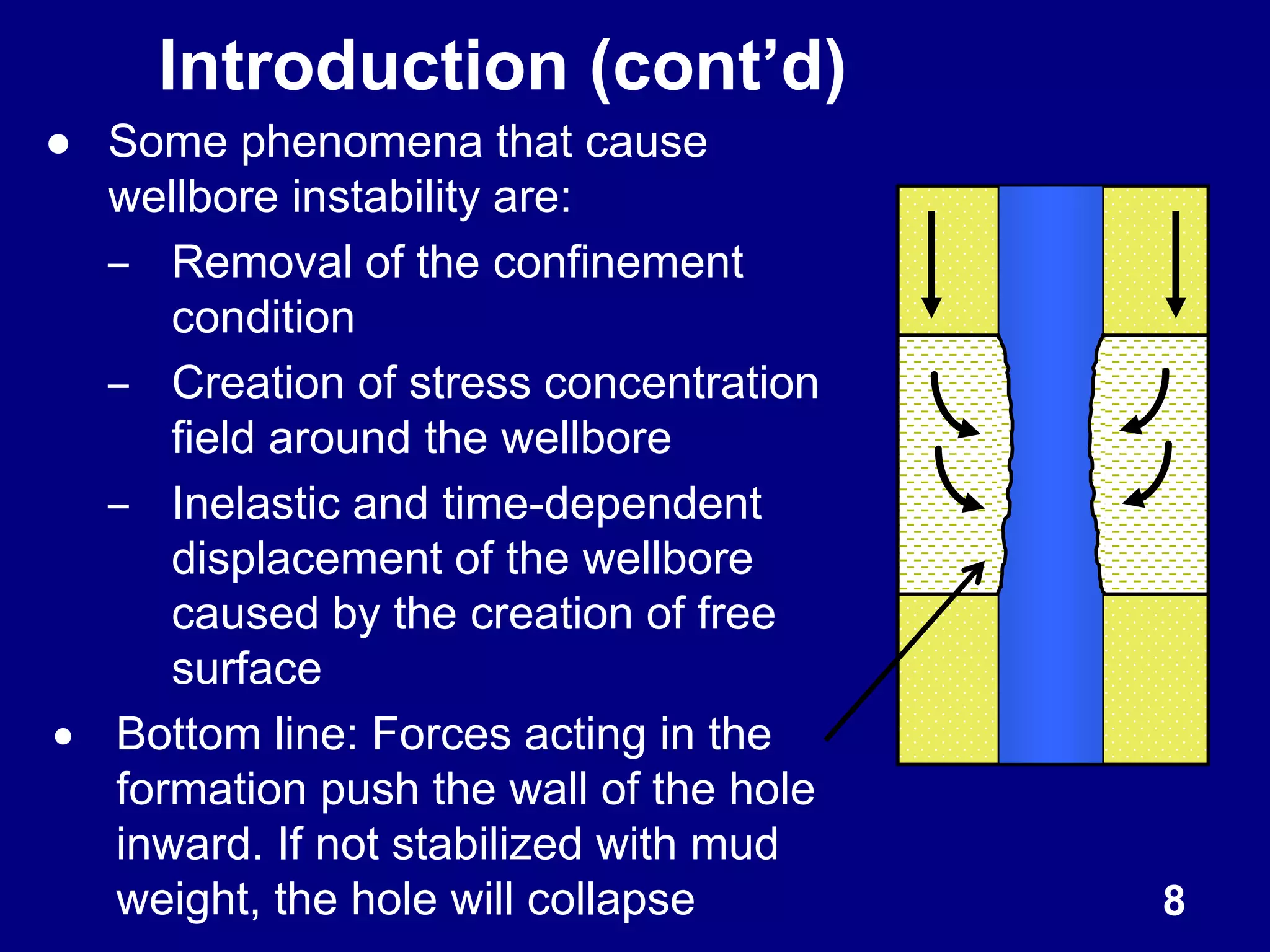 Introduction (cont’d)
● Some phenomena that cause
wellbore instability are:
– Removal of the confinement
condition
– Creation of stress concentration
field around the wellbore
– Inelastic and time-dependent
displacement of the wellbore
caused by the creation of free
surface
 Bottom line: Forces acting in the
formation push the wall of the hole
inward. If not stabilized with mud
weight, the hole will collapse 8
 