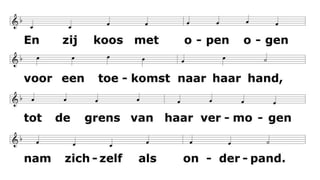 Tamar, moedig en zachtmoedig,
zou in eigen kwetsbaarheid,
hoop en leven trots behoeden
op een kruispunt van de tijd.
Stille dagen, stille nachten,
stille vrouw met vrouwenrecht,
scheurde sluiers van verwachten
wetend wat is toegezegd.
En zij koos met open ogen
voor een toekomst naar haar hand,
tot de grens van haar vermogen
nam zichzelf als onderpand.
Ademloos een mens bevragen,
recht doen aan gerechtigheid
zal het leven verder dragen,
blaast nieuw leven in de tijd
 