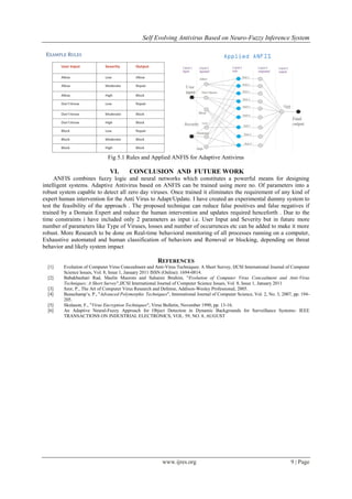 Self Evolving Antivirus Based on Neuro-Fuzzy Inference System
www.ijres.org 9 | Page
Fig 5.1 Rules and Applied ANFIS for Adaptive Antivirus
VI. CONCLUSION AND FUTURE WORK
ANFIS combines fuzzy logic and neural networks which constitutes a powerful means for designing
intelligent systems. Adaptive Antivirus based on ANFIS can be trained using more no. Of parameters into a
robust system capable to detect all zero day viruses. Once trained it eliminates the requirement of any kind of
expert human intervention for the Anti Virus to Adapt/Update. I have created an experimental dummy system to
test the feasibility of the approach . The proposed technique can reduce false positives and false negatives if
trained by a Domain Expert and reduce the human intervention and updates required henceforth . Due to the
time constraints i have included only 2 parameters as input i.e. User Input and Severity but in future more
number of parameters like Type of Viruses, losses and number of occurrences etc can be added to make it more
robust. More Research to be done on Real-time behavioral monitoring of all processes running on a computer,
Exhaustive automated and human classification of behaviors and Removal or blocking, depending on threat
behavior and likely system impact
REFERENCES
[1] Evolution of Computer Virus Concealment and Anti-Virus Techniques: A Short Survey, IJCSI International Journal of Computer
Science Issues, Vol. 8, Issue 1, January 2011 ISSN (Online): 1694-0814.
[2] Babakbashari Rad, Maslin Masrom and Suhaimi Ibrahim, "Evolution of Computer Virus Concealment and Anti-Virus
Techniques: A Short Survey",IJCSI International Journal of Computer Science Issues, Vol. 8, Issue 1, January 2011
[3] Szor, P., The Art of Computer Virus Research and Defense, Addison-Wesley Professional, 2005.
[4] Beauchamp’s, P., "Advanced Polymorphic Techniques", International Journal of Computer Science, Vol. 2, No. 3, 2007, pp. 194-
205.
[5] Skulason, F., "Virus Encryption Techniques", Virus Bulletin, November 1990, pp. 13-16.
[6] An Adaptive Neural-Fuzzy Approach for Object Detection in Dynamic Backgrounds for Surveillance Systems- IEEE
TRANSACTIONS ON INDUSTRIAL ELECTRONICS, VOL. 59, NO. 8, AUGUST
 