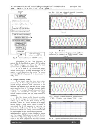 B. Santhosh Kumar et al Int. Journal of Engineering Research and Application
ISSN : 2248-9622, Vol. 3, Issue 6, Nov-Dec 2013, pp.06-14

www.ijera.com

[see Fig. 9(b)] are balanced sinusoids (containing
some acceptable ripple, THD = 4.5%).

Fig. 6. Load currents and supply currents. (a) Load
currents (THD = 15.8%). (b) Supply currents (THD =
4.45%)
Fig. 5.

Complete flowchart of UPQC control.

(corresponds to 230 Vrms line–line), as
desired. The THDs of both the supply (2.3%) and the
load (1.5%) voltages are below the 5% limit,
recommended by IEEE Standard 519–1992.
It can be seen in Fig. 7(c) that the supply
voltage and current are in-phase, which means that no
reactive power is drawn from the supply. The supply,
injected, and load voltages are all in- phase, as shown
in Fig. 7(d).
B. Dynamic Condition Results
In the steady state, the shunt compensator
maintains the dc- link voltage constant at 350 V. The
dc-link voltage dynamics after connection of the
nonlinear load is shown in Fig. 8(a). The dc-link voltage
drops down by about 50 V, when the nonlinear load is
switched ON. In this case, the dc-link capacitor has to
supply the real power to the load until a new supply
current reference suitable for new load condition is
calculated.
Fig. 8(b) shows another dynamic condition
for the dc-link voltage at the occurrence of supply
voltage sag (a 40% sag has been created). The sag
occurrence results in a sudden increase of the supply
current. Before a new supply current reference is
determined, the dc-link capacitor is supplying real
power to the load causing the dc-link voltage drop
(about 50 V). The dc-link voltage is stabilized soon after
the controller sets the new supply current reference.
A load unbalance has been created while having normal
sup- ply voltages. The load currents are both distorted
and unbalanced [see Fig. 9(a)]. However, due to the
action of the shunt compensator, the source currents
www.ijera.com

Fig. 7. Voltages at various points. (a) Supply voltages
(THD = 2.3%). (b) Load voltages (THD = 1.5%).

Fig. 8.

Dynamic performance of the dc link voltage
12 | P a g e

 