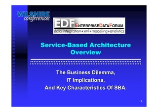 3
Service-Based Architecture
Overview
The Business Dilemma,The Business Dilemma,
IT Implications,IT Implications,
And Key Characteristics Of SBA.And Key Characteristics Of SBA.
 