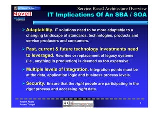 Robert Abate
Ruben Tuñgol
INTELLIgent
SYStems
CorporatIoN
INTELLISYS, Inc.
8
IT Implications Of An SBA / SOA
Adaptability.Adaptability. IT solutions need to be more adaptable to aIT solutions need to be more adaptable to a
changing landscape of standards, technologies, products andchanging landscape of standards, technologies, products and
service producers and consumers.service producers and consumers.
Past, current & future technology investments needPast, current & future technology investments need
to leveraged.to leveraged. Rewrites or replacement of legacy systemsRewrites or replacement of legacy systems
(i.e., anything in production) is deemed as too expensive.(i.e., anything in production) is deemed as too expensive.
Multiple levels of Integration.Multiple levels of Integration. Integration points must beIntegration points must be
at the data, application logic and business process levels.at the data, application logic and business process levels.
Security.Security. Ensure that theEnsure that the rightright people are participating in thepeople are participating in the
rightright process and accessingprocess and accessing rightright data.data.
Service-Based Architecture Overview
 