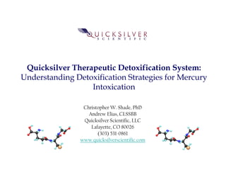Quicksilver Therapeutic Detoxification System:
Understanding Detoxification Strategies for Mercury
Intoxication
Christopher W. Shade, PhD
Andrew Elias, CLSSBB
Quicksilver Scientific, LLC
Lafayette, CO 80026
(303) 531-0861
www.quicksilverscientific.com
 