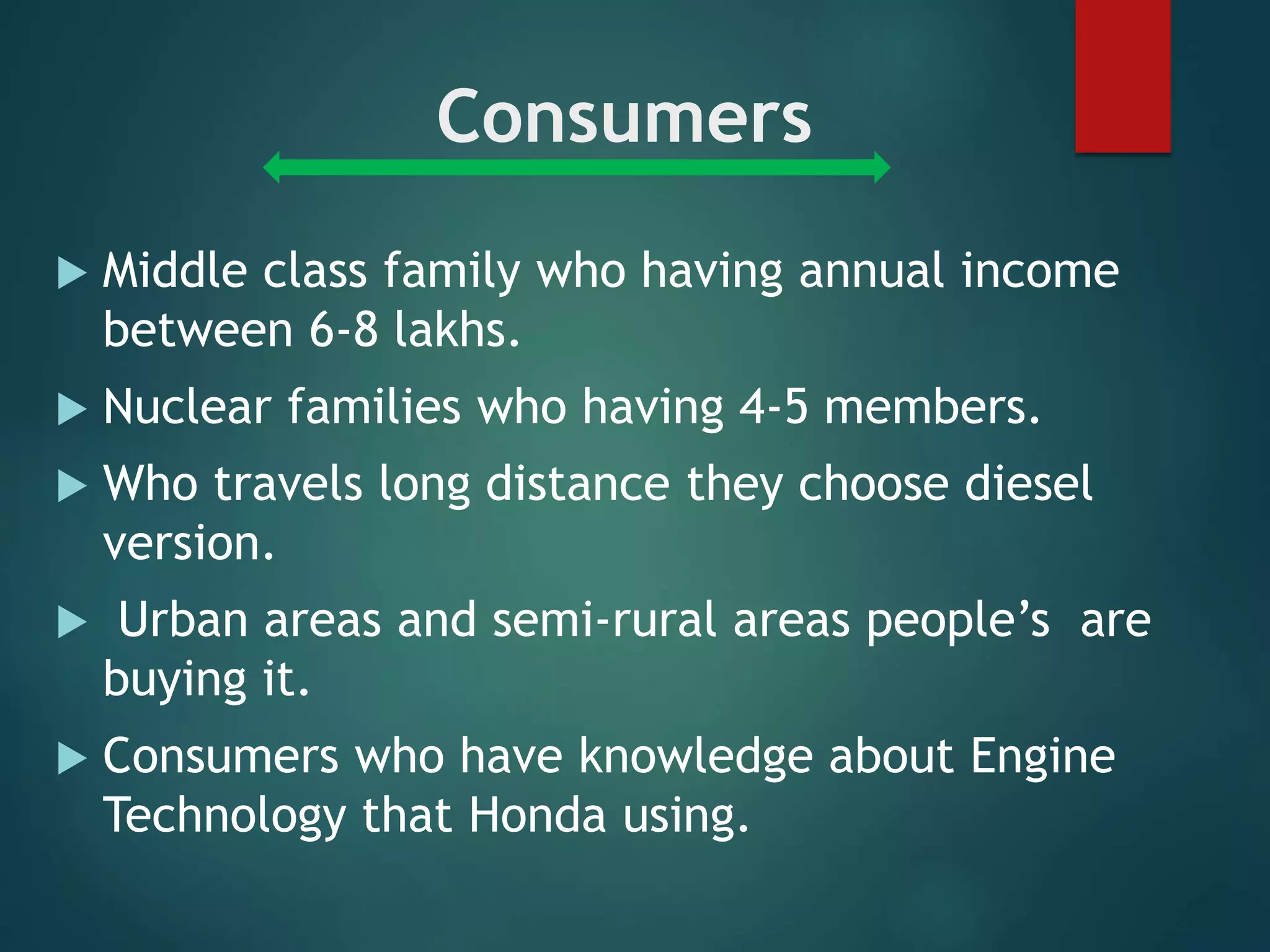Consumers
 Middle class family who having annual income
between 6-8 lakhs.
 Nuclear families who having 4-5 members.
 Who travels long distance they choose diesel
version.
 Urban areas and semi-rural areas people’s are
buying it.
 Consumers who have knowledge about Engine
Technology that Honda using.
 
