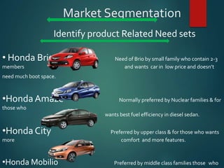 Market Segmentation
Identify product Related Need sets
• Honda Brio Need of Brio by small family who contain 2-3
members and wants car in low price and doesn’t
need much boot space.
•Honda Amaze Normally preferred by Nuclear families & for
those who
wants best fuel efficiency in diesel sedan.
•Honda City Preferred by upper class & for those who wants
more comfort and more features.
•Honda Mobilio Preferred by middle class families those who
 