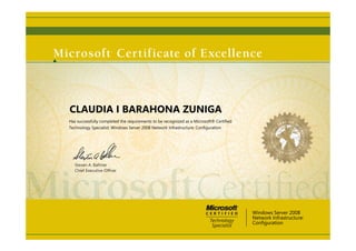 Steven A. Ballmer
Chief Executive Ofﬁcer
CLAUDIA I BARAHONA ZUNIGA
Has successfully completed the requirements to be recognized as a Microsoft® Certified
Technology Specialist: Windows Server 2008 Network Infrastructure: Configuration
Windows Server 2008
Network Infrastructure:
Configuration
 