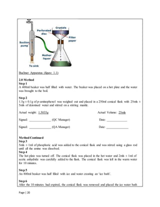 Page | 20
Buchner Apparatus (figure 1.1)
2.0 Method
Step 1
A 400ml beaker was half filled with water. The beaker was placed on a hot plate and the water
was brought to the boil.
Step 2
1.5g ± 0.1g of p-aminophenol was weighed out and placed in a 250ml conical flask with 25mls ±
5mls of deionised water and stirred on a stirring mantle.
Actual weight: 1.5035g Actual Volume: 25mls
Signed: ______________ (QC Manager) Date: _____________
Signed: ______________ (QA Manager) Date: ______________
Method Continued
Step 3
5mls ± 1ml of phosphoric acid was added to the conical flask and was stirred using a glass rod
until all the amine was dissolved.
Step 4
The hot plate was turned off. The conical flask was placed in the hot water and 2mls ± 1ml of
acetic anhydride was carefully added to the flask. The conical flask was left in the warm water
for 10 minutes.
Step 5
An 800ml beaker was half filled with ice and water creating an ‘ice bath’.
Step 6
After the 10 minutes had expired, the conical flask was removed and placed the ice water bath
 