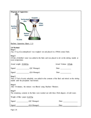 Page | 25
Diagram of Apparatus:
Buchner Apparatus (figure 1.1)
2.0 Method
Step 1
25g ± 0.1g of p-aminophenol was weighed out and placed in a 500ml conical flask.
Step 2
225mls of distilled water was added to the flask and was placed to stir on the stirring mantle at
room temperature.
Actual weight: 25.0023g Actual Volume: 225mls
Signed: ______________ (QC Manager) Date: ____________
Signed: ______________ (QA Manager) Date: ____________
Step 3
Then 27.5ml of acetic anhydride was added to the contents of the flask and stirred on the stirring
mantle until the precipitate had formed.
Step 4
After 10 minutes, the mixture was filtered using Buchner Filtration.
Step 5
The remaining contents in the flask were washed out with three 20ml aliquots of cold water.
Weight of filter paper: 0.3275g
Signed: _____________ (QC Manager) Date: ________________
Signed: _____________ (QA Manager) Date: ________________
 