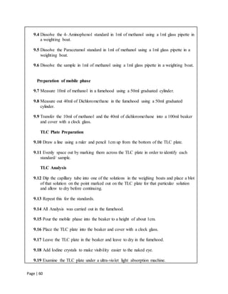 Page | 60
9.4 Dissolve the 4- Aminophenol standard in 1ml of methanol using a 1ml glass pipette in
a weighting boat.
9.5 Dissolve the Paracetamol standard in 1ml of methanol using a 1ml glass pipette in a
weighting boat.
9.6 Dissolve the sample in 1ml of methanol using a 1ml glass pipette in a weighting boat.
Preparation of mobile phase
9.7 Measure 10ml of methanol in a fumehood using a 50ml graduated cylinder.
9.8 Measure out 40ml of Dichloromethane in the fumehood using a 50ml graduated
cylinder.
9.9 Transfer the 10ml of methanol and the 40ml of dichloromethane into a 100ml beaker
and cover with a clock glass.
TLC Plate Preparation
9.10 Draw a line using a ruler and pencil 1cm up from the bottom of the TLC plate.
9.11 Evenly space out by marking them across the TLC plate in order to identify each
standard/ sample.
TLC Analysis
9.12 Dip the capillary tube into one of the solutions in the weighing boats and place a blot
of that solution on the point marked out on the TLC plate for that particular solution
and allow to dry before continuing.
9.13 Repeat this for the standards.
9.14 All Analysis was carried out in the fumehood.
9.15 Pour the mobile phase into the beaker to a height of about 1cm.
9.16 Place the TLC plate into the beaker and cover with a clock glass.
9.17 Leave the TLC plate in the beaker and leave to dry in the fumehood.
9.18 Add Iodine crystals to make visibility easier to the naked eye.
9.19 Examine the TLC plate under a ultra-violet light absorption machine.
 