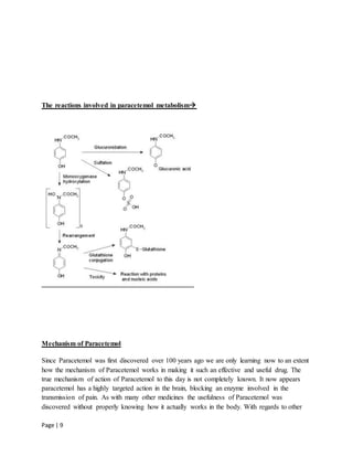 Page | 9
The reactions involved in paracetemol metabolism
Mechanism of Paracetemol
Since Paracetemol was first discovered over 100 years ago we are only learning now to an extent
how the mechanism of Paracetemol works in making it such an effective and useful drug. The
true mechanism of action of Paracetemol to this day is not completely known. It now appears
paracetemol has a highly targeted action in the brain, blocking an enzyme involved in the
transmission of pain. As with many other medicines the usefulness of Paracetemol was
discovered without properly knowing how it actually works in the body. With regards to other
 