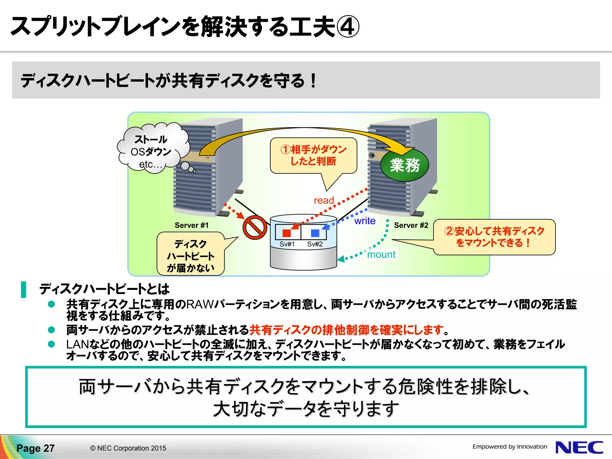 スプリットブレインを解決する工夫④
ストール
OSダウン
etc…
ディスクハートビートが共有ディスクを守る！
②安心して共有ディスク
をマウントできる！ディスク
ハートビート
が届かない
業務
read
write
①相手がダウン
したと判断
mount
▐ ディスクハートビートとは
 共有ディスク上に専用のRAWパーティションを用意し、両サーバからアクセスすることでサーバ間の死活監
視をする仕組みです。
 両サーバからのアクセスが禁止される共有ディスクの排他制御を確実にします。
 LANなどの他のハートビートの全滅に加え、ディスクハートビートが届かなくなって初めて、業務をフェイル
オーバするので、安心して共有ディスクをマウントできます。
両サーバから共有ディスクをマウントする危険性を排除し、
大切なデータを守ります
Sv#1 Sv#2
Server #1 Server #2
Page 27 © NEC Corporation 2015
 