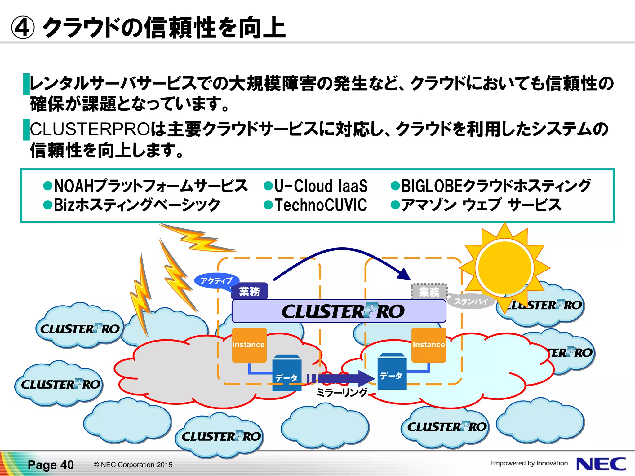 ④ クラウドの信頼性を向上
▐レンタルサーバサービスでの大規模障害の発生など、クラウドにおいても信頼性の
確保が課題となっています。
▐CLUSTERPROは主要クラウドサービスに対応し、クラウドを利用したシステムの
信頼性を向上します。
© NEC Corporation 2015Page 40
InstanceInstance
業務 業務
ミラーリング
アクティブ
スタンバイ
データ データ
NOAHプラットフォームサービス
Bizホスティングベーシック
U-Cloud IaaS
TechnoCUVIC
BIGLOBEクラウドホスティング
アマゾン ウェブ サービス
 