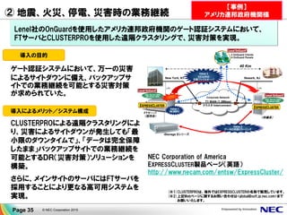 ② 地震、火災、停電、災害時の業務継続
© NEC Corporation 2015Page 35
導入の目的
ゲート認証システムにおいて、万一の災害
によるサイトダウンに備え、バックアップサ
イトでの業務継続を可能とする災害対策
が求められていた。
導入によるメリット／システム構成
CLUSTERPROによる遠隔クラスタリングによ
り、災害によるサイトダウンが発生しても「最
小限のダウンタイムで」、「データは完全保障
したまま」バックアップサイトでの業務継続を
可能とするＤＲ（災害対策）ソリューションを
構築。
さらに、メインサイトのサーバにはFTサーバを
採用することにより更なる高可用システムを
実現。
(※1)CLUSTERPROは、海外ではEXPRESSCLUSTERの名称で販売しています。
(※2)上記Webページに関するお問い合わせは<global@soft.jp.nec.com>まで
お願いいたします。
LAN LAN
（待機系）
FTサーバ
（現用系）
New York, NY Newark, NJ
iStorage Sシリーズ
40 Km
T1 WAN (1.5Mbps)
クラスタ Interconnect
SQL Server 2000
Windows 2000
2 OnGuard Clients
4 OnGuard Panels
Value 1
99.999%
Value 2
データの同期ミラーリング
Value 3
2分以内の
自動フェイルオーバ
Corporate Network
SQL Server 2000
Windows 2000
EXPRESSCLUSTER
EXPRESSCLUSTER
NEC Corporation of America
EXPRESSCLUSTER製品ページ（英語）
http://www.necam.com/entsw/ExpressCluster/
Lenel社のOnGuardを使用したアメリカ連邦政府機関のゲート認証システムにおいて、
FTサーバとCLUSTERPROを使用した遠隔クラスタリングで、災害対策を実現。
【事例】
アメリカ連邦政府機関様
 