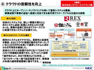 © NEC Corporation 2015Page 41
導入の目的
導入によるメリット／システム構成
事例詳細
http://www.nec.co.jp/library/jirei/restaurantexpress/
従来のシステムでは、新しい業態が増えたと
きのシステム追加・拡張に大きなコストが掛
かった。事業の成長に合わせてスケーラブル
に拡張できるシステムが必要だった。
既存のシステムをクラウド化し、柔軟性と拡張性
を確保。さらにクラウド環境の動作をサポートして
いるCLUSTERPROを用いて基幹システムに求め
られる可用性を確保した。
従来のシステムを拡張するのに比べ10分の１の
コストで同機能を実現できた。以下コメント抜粋
『操作性がよく、まるで空気のような存在。』
『全てのサーバを一度で設定変更できて、管理者
が本来の運用管理業務に集中できる。」
（IDCフロンティア社のNOAHプラットフォームサービスを利用）
仮想OSは CentOS
クラウド上にオープンソースソフトウェアを用いて基幹システムを構築。
事業成長や事業の追加へ柔軟に対応できる高可用でスケーラブルな仕組みを実現
④ クラウドの信頼性を向上
【事例】
株式会社レストラン・エクスプレス様
 
