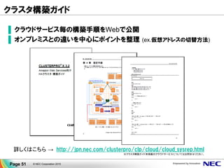 © NEC Corporation 2015Page 51
設定集により構築時間 短縮 CLUSTERPRO Ｓｔａｒｔｕｐ Kｉｔ
構築に便利な『クラスタシステム生成仕様書』や『システムチェックリスト』を収録
■システム事（共有型/データミラー型）にチェック可能
なチェックシートを収録
■クラスタ状態遷移表（Windows/Linux）も完全収録
■各グループリソースの詳細
な仕組み
■各監視オプションや各モニ
タリソースの詳細な仕組み
■ネットワークパーティション
解決補足資料
■ウィザード形式によりスクリプト
テンプレートを収録
■若干の修正を行うだけで、個
別なシステムに最適なスクリプト
を作成することが可能
■無駄な環境構築時間の増加を防ぎ、導入をスムーズ
に実現することが可能
1.クラスタシステム生成仕様書 2. システムチェックリスト
3. 機能解説資料 4. スクリプトテンプレート
SAP HANA ｏｎ AWS連携 のホワイトペーパー＆連携スクリプトは 4．スクリプトテンプレートに収録されています。
 