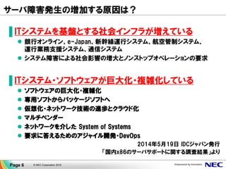 サーバ障害発生の増加する原因は？
▐ ITシステムを基盤とする社会インフラが増えている
 銀行オンライン、e-Japan、新幹線運行システム、航空管制システム、
運行業務支援システム、通信システム
 システム障害による社会影響の増大とノンストップオペレーションの要求
▐ ITシステム・ソフトウェアが巨大化・複雑化している
 ソフトウェアの巨大化・複雑化
 専用ソフトからパッケージソフトへ
 仮想化・ネットワーク技術の進歩とクラウド化
 マルチベンダー
 ネットワークを介した System of Systems
 要求に答えるためのアジャイル開発・DevOps
2014年5月19日 IDCジャパン発行
「国内x86のサーバサポートに関する調査結果」より
Page 6 © NEC Corporation 2015
 