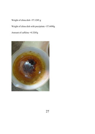 27
Weight of china dish =57.1205 g
Weight of china dish with precipitate =57.4490g
Amount of caffeine =0.3285g
 