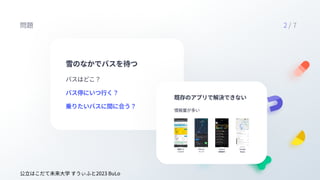 雪のなかでバスを待つ
バスはどこ？

バス停にいつ行く？

乗りたいバスに間に合う？
既存のアプリで解決できない
情報量が多い
Google
Maps
函館バス

バスロケ
iPhone

マップ
Yahoo!
乗換案内
公立はこだて未来大学す...