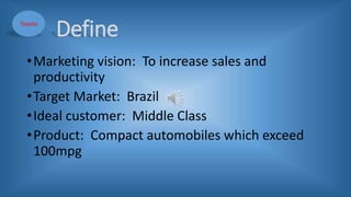 Define
•Marketing vision: To increase sales and
productivity
•Target Market: Brazil
•Ideal customer: Middle Class
•Product: Compact automobiles which exceed
100mpg
Toyota
 