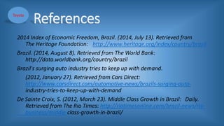 References
2014 Index of Economic Freedom, Brazil. (2014, July 13). Retrieved from
The Heritage Foundation: http://www.heritage.org/index/country/brazil
Brazil. (2014, August 8). Retrieved from The World Bank:
http://data.worldbank.org/country/brazil
Brazil's surging auto industry tries to keep up with demand.
(2012, January 27). Retrieved from Cars Direct:
http://www.carsdirect.com/automotive-news/brazils-surging-auto-
industry-tries-to-keep-up-with-demand
De Sainte Croix, S. (2012, March 23). Middle Class Growth in Brazil: Daily.
Retrieved from The Rio Times: http://riotimesonline.com/brazil-news/rio-
business/middle-class-growth-in-brazil/
Toyota
 