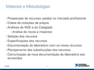 14ni.com
Materiais e Metodologias
Prospecção de recursos usados no mercado profissional
Coleta de cotações de preços
Análises do NDE e do Colegiado
Análise de riscos e impactos
Seleção dos recursos
Especificações dos recursos
Documentação do laboratório com os novos recursos
Planejamento das substituições dos recursos
Comunicação da nova documentação do laboratório aos
envolvidos
 