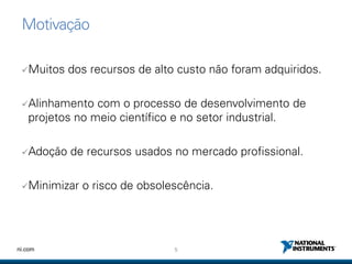 5ni.com
Motivação
Muitos dos recursos de alto custo não foram adquiridos.
Alinhamento com o processo de desenvolvimento de
projetos no meio científico e no setor industrial.
Adoção de recursos usados no mercado profissional.
Minimizar o risco de obsolescência.
 